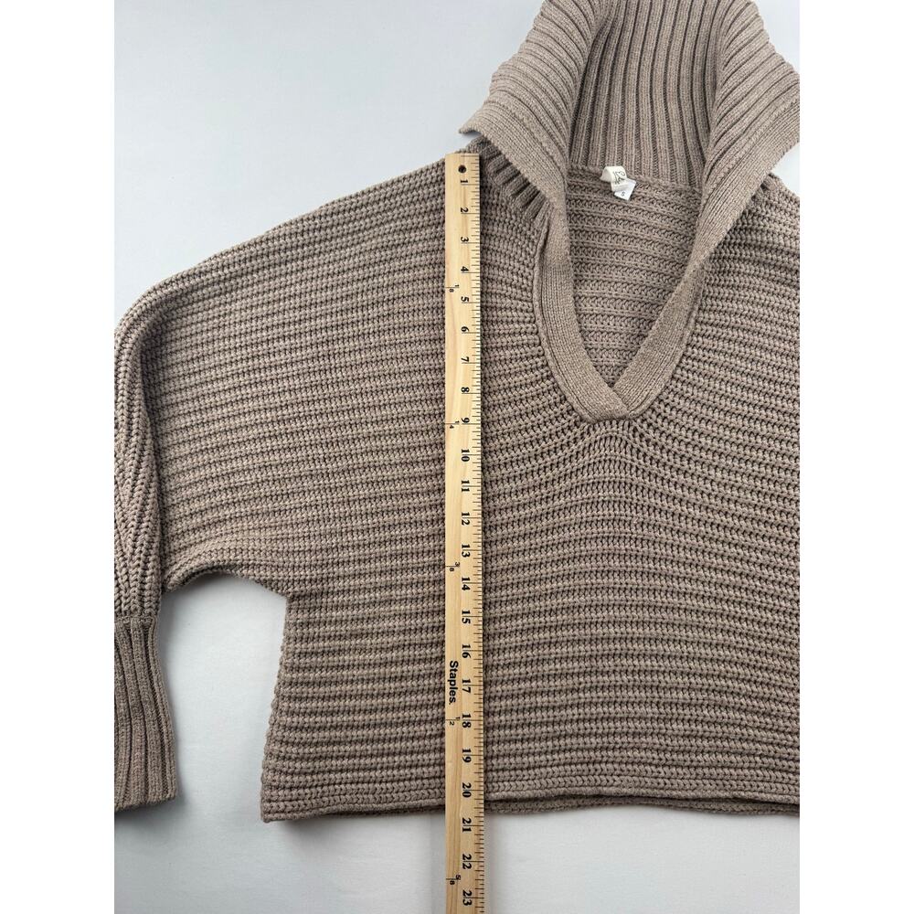 Slouchy Taupe Chunky Knit Sweater Women’s Small Oversized V-Neck Collared - Picture 7 of 8